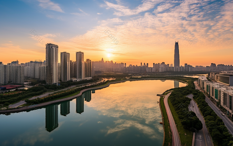 夕阳下海边美景城市建筑高楼大厦风光摄影图,高清,摄影图,摄影图片,图片大全,摄影图免费下载